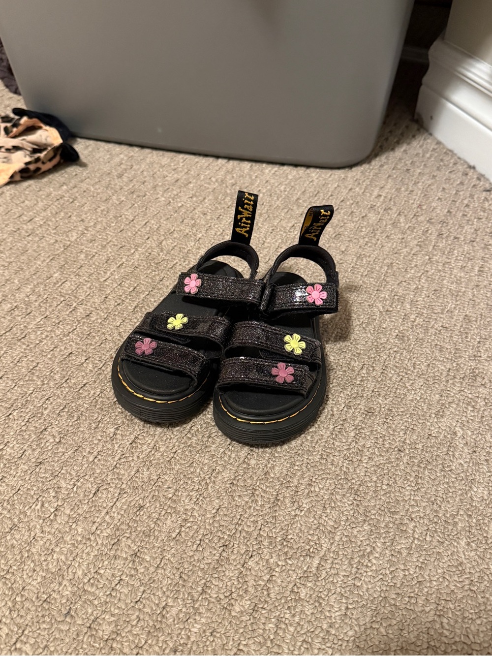 Dr. Martens Black Glitter Kids Sandals with Pink & Yellow Flower Accents